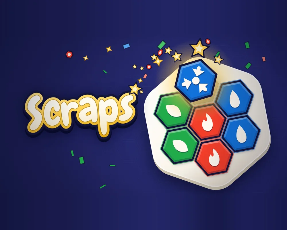 Scraps: red, green and blue hex tiles on a cream honeycomb under gold stars